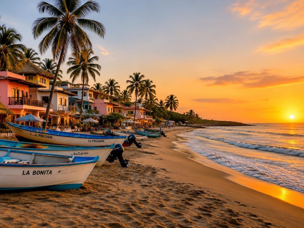 A Pacific beach town at golden hour